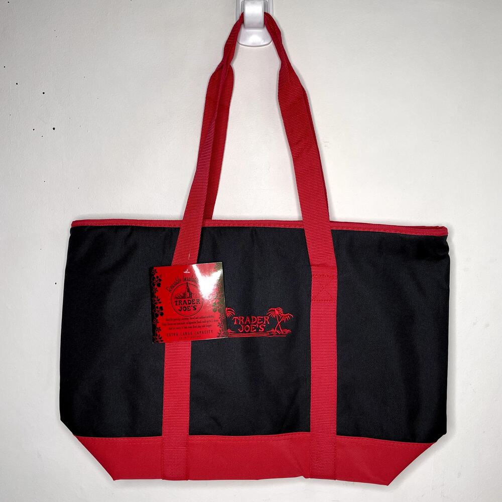 Trader Joe’s Large Reusable Insulated Cooler Bag Shopping Tote Black Red Logo